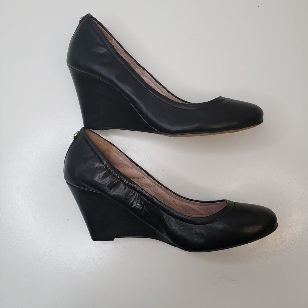 Vince Camuto Slip On Wedge Shoes Sz 8.5 Black Leather Comfort Heeled Dress Shoe - Picture 6 of 11